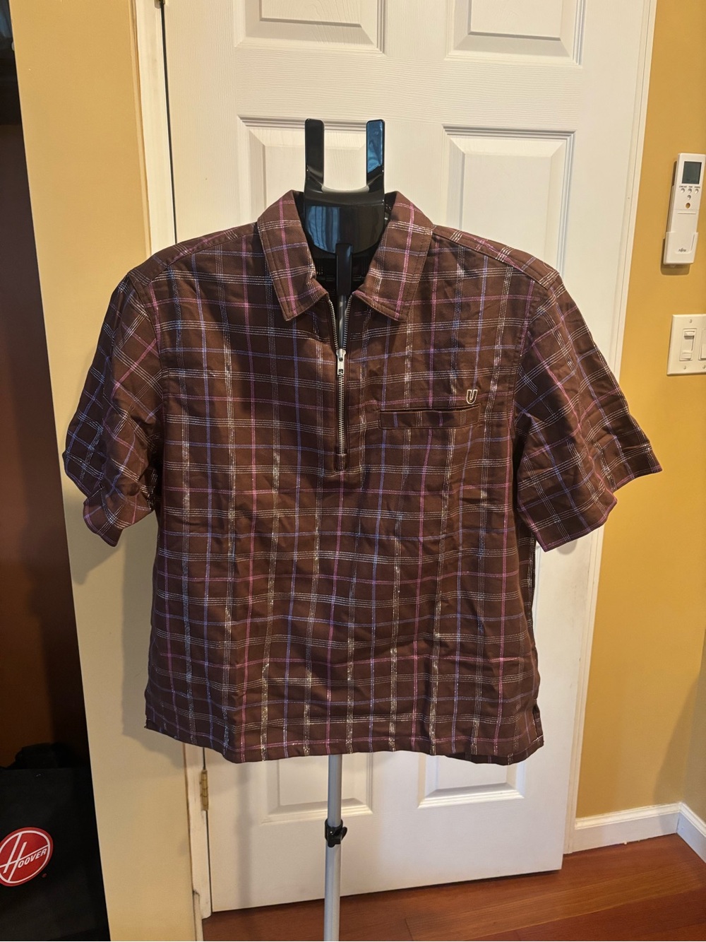 Urban outfitters Mens undercover metallic Brown Plaid Short-Sleeve half Zip Polo